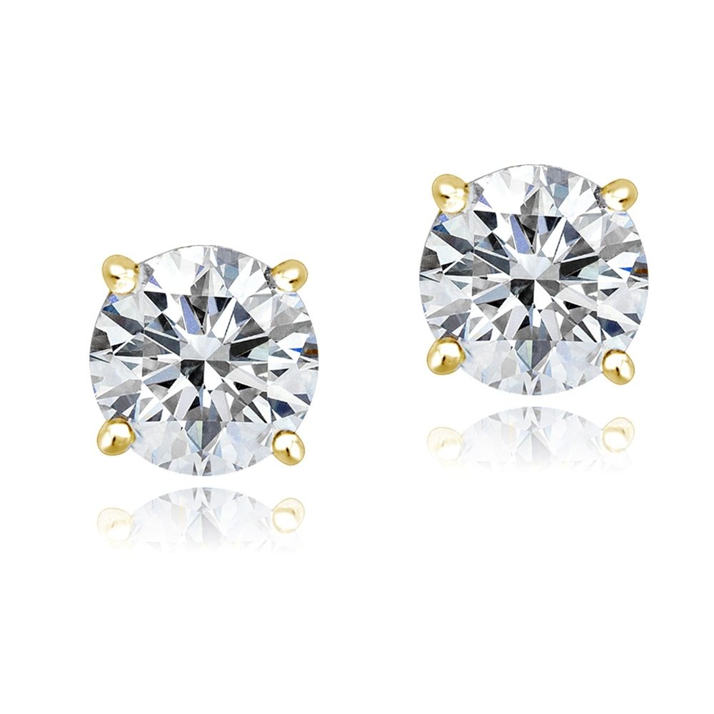 Gold Tone over Sterling Silver 100 Facets Cubic Zirconia Solitaire Stud Earrings (3cttw) EG13887