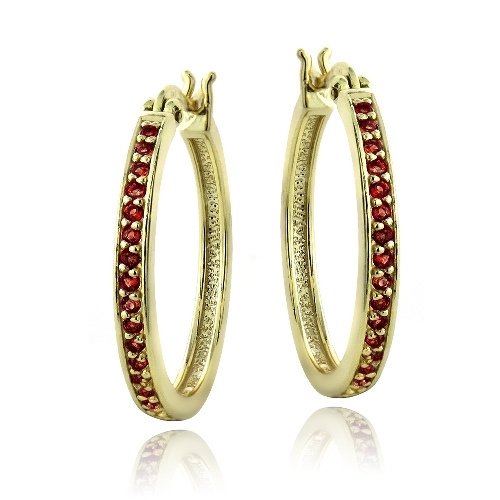 Gold Tone over Sterling Silver 1ct Garnet 25mm Round Hoop Earrings HG13545G