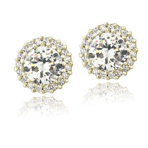 Gold Tone over Sterling Silver CZ Halo Stud Earrings EG13676