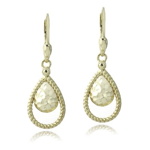 Gold Tone over Sterling Silver Hammered Teardrop Dangle Earrings EG13483