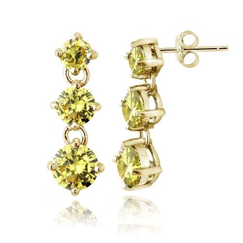 Gold Tone over Sterling Silver Light Yellow CZ Three Stone Dangle Earrings EG13027LTY