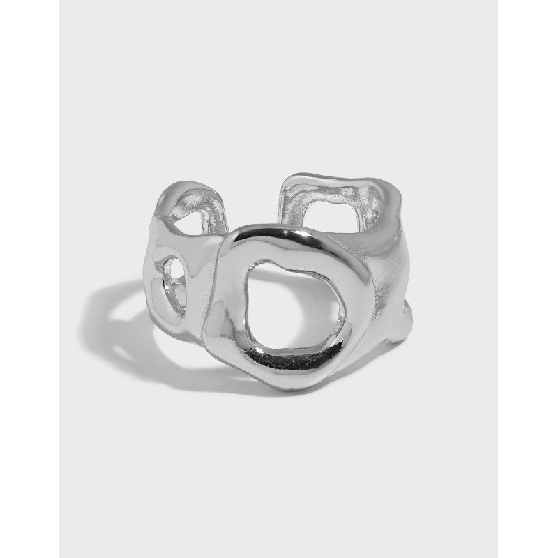 Graduation Irregular Hollow Heart 925 Sterling Silver Adjustable Ring Rhodium
