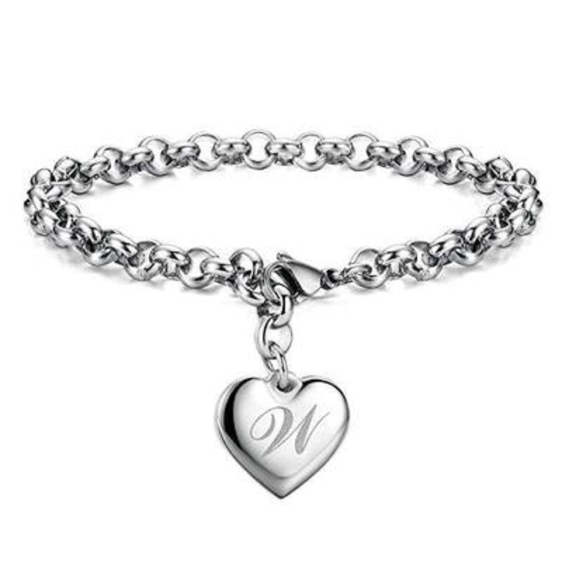 Initial Letter Alphabet Charm Bracelets Stainless Steel Heart Bracelet for Women silver