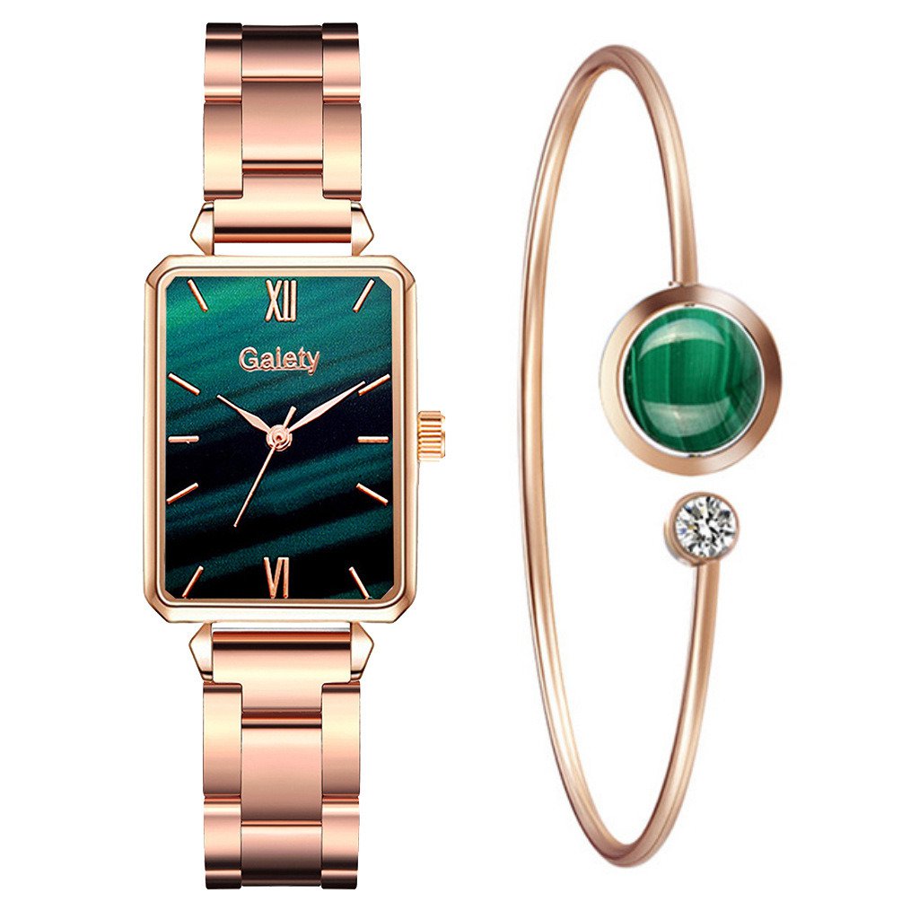 Ladies Light Luxury Small Green Square Watch Steel Band Watch Bracelet Set black + bracelet