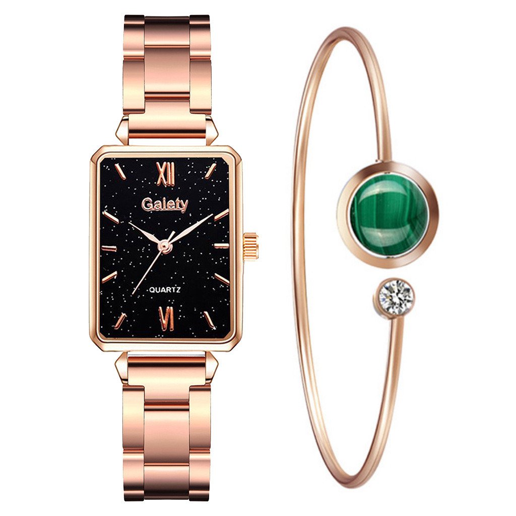 Ladies Light Luxury Small Green Square Watch Steel Band Watch Bracelet Set brown + bracelet
