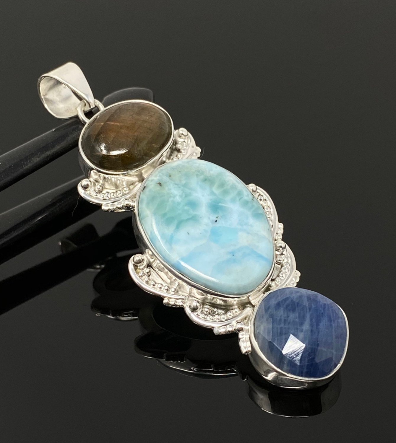 Larimar Gemstone Wire Wrapped Pendant Silver Jewelry Gifts for Her Bohemian Jewelry Default Title