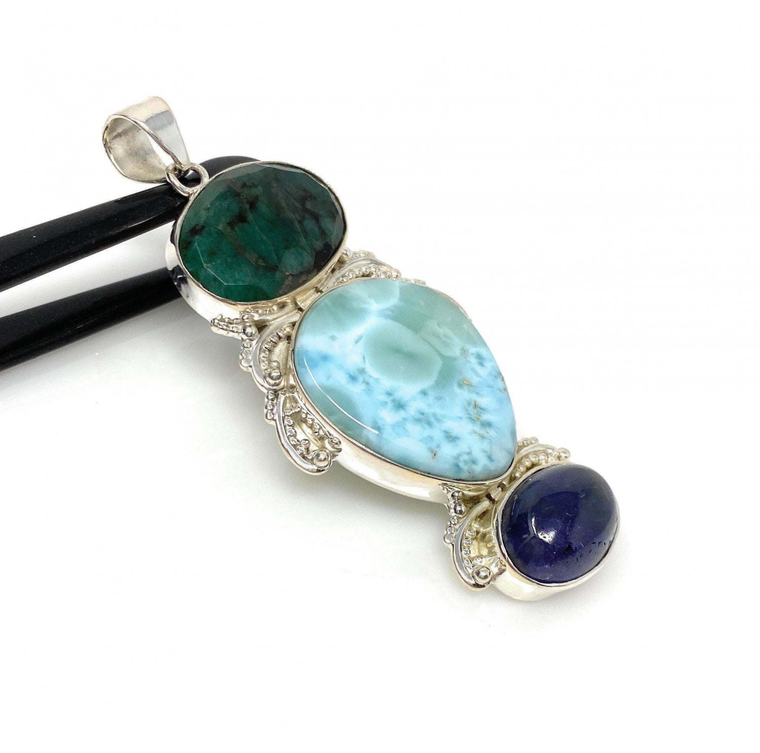 Larimar Gemstone Wire Wrapped Pendant Silver Jewelry Gifts for Her Bohemian Jewelry Default Title
