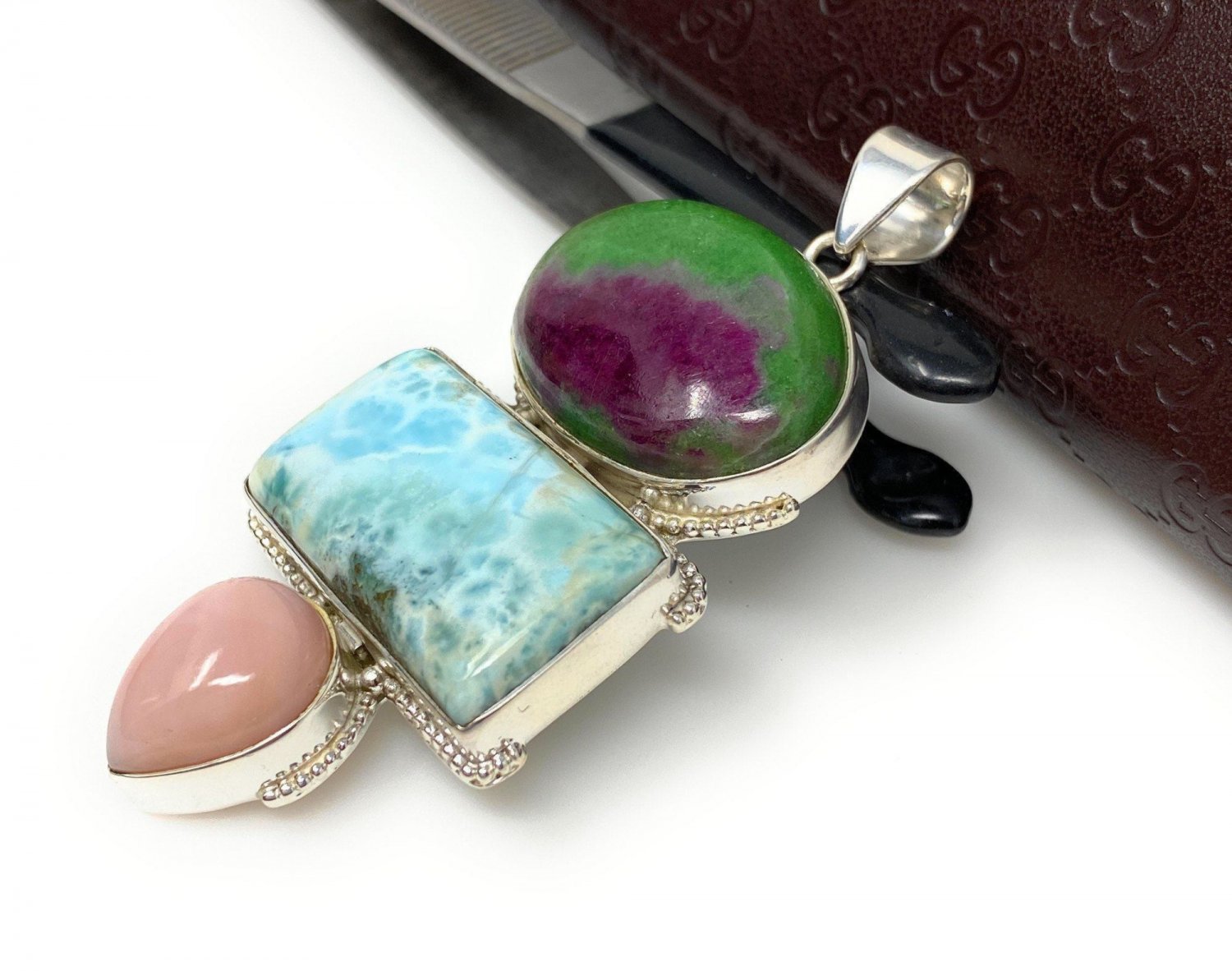 Larimar Gemstone Wire Wrapped Pendant Silver Jewelry Gifts for Her Bohemian Jewelry Default Title