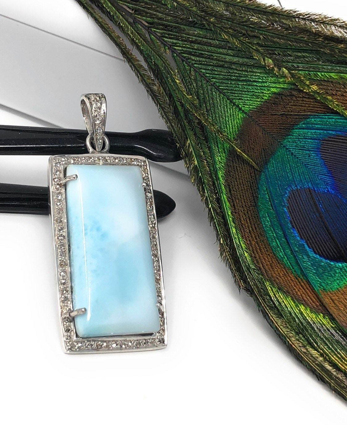 Larimar Gemstone Pendant; NPave Diamond Pendant Sterling Silver Jewelry DIY Pendant Default Title