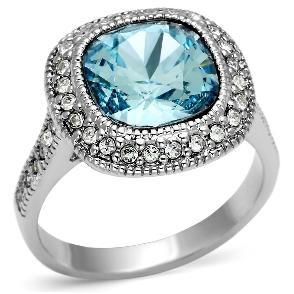 LO2506 - Rhodium Brass Ring with Top Grade Crystal in Sea Blue