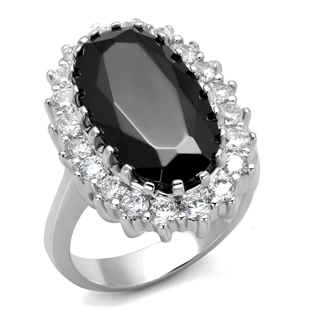 LO4094 - Rhodium Brass Ring with AAA Grade CZ in Black Diamond