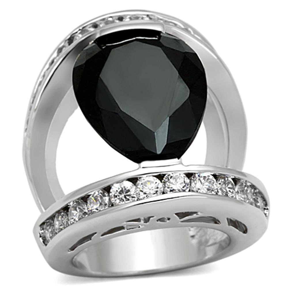 LOA923 - Rhodium Brass Ring with AAA Grade CZ in Black Diamond