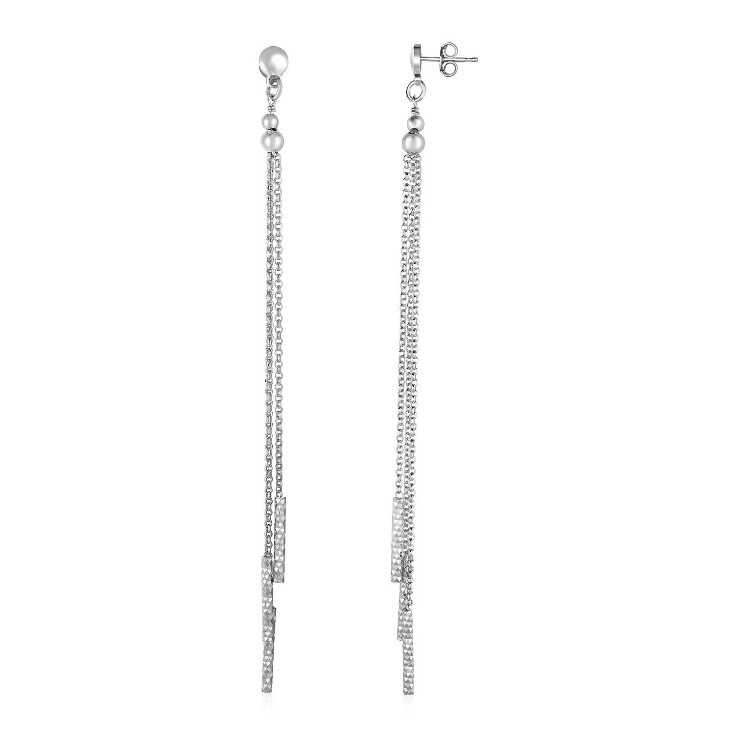 Long Chain Tassel and Textured Bar Drop Earrings in Sterling Silver Sterling Silver