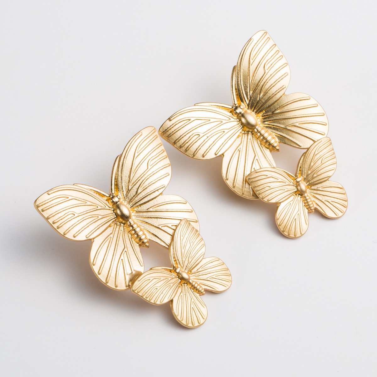 Metal Texture Two Butterfly Earrings Gold
