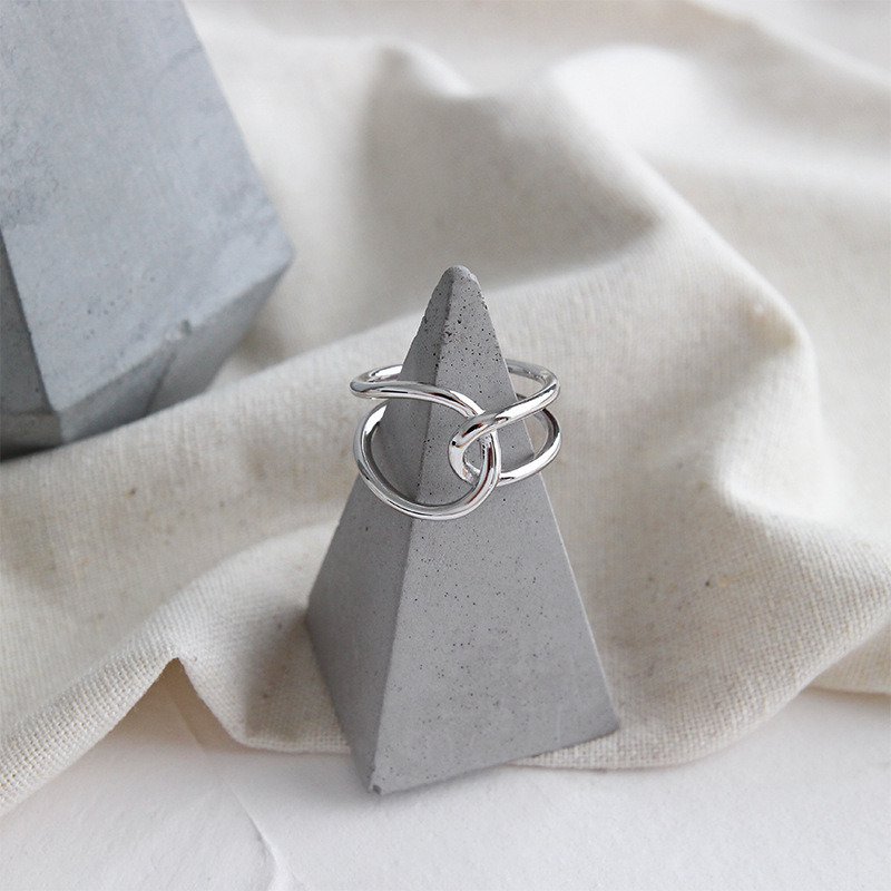 Modern Double Layers Lines Cross 925 Sterling Silver Adjustable Ring Rhodium