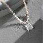 Modern Natural Pearl Geometry Rectangle Tag 925 Sterling Silver Necklace Silver