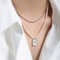 Modern Natural Pearl Geometry Rectangle Tag 925 Sterling Silver Necklace Yellow Gold