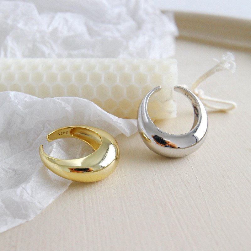 Modern Simple Round Circle Wide 925 Sterling Silver Adjustable Ring Yellow Gold