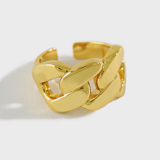 Modern Thick Hollow Chain 925 Sterling Silver Adjustable Ring Yellow Gold
