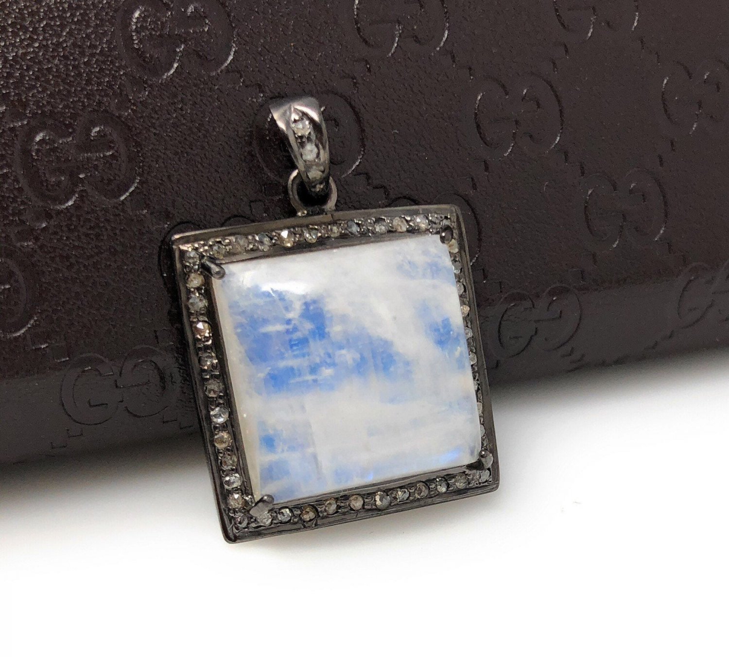 MoonstSilver Pendant Pave Diamond Pendant Oxidized Silver Rainbow Moonstone Pendant Default Title