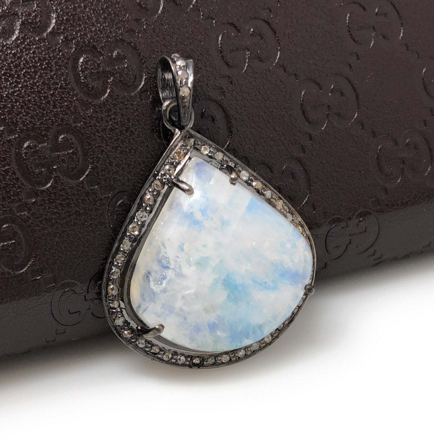 MoonstSilver Pendant Pave Diamond Pendant Oxidized Silver Rainbow Moonstone Pendant Default Title