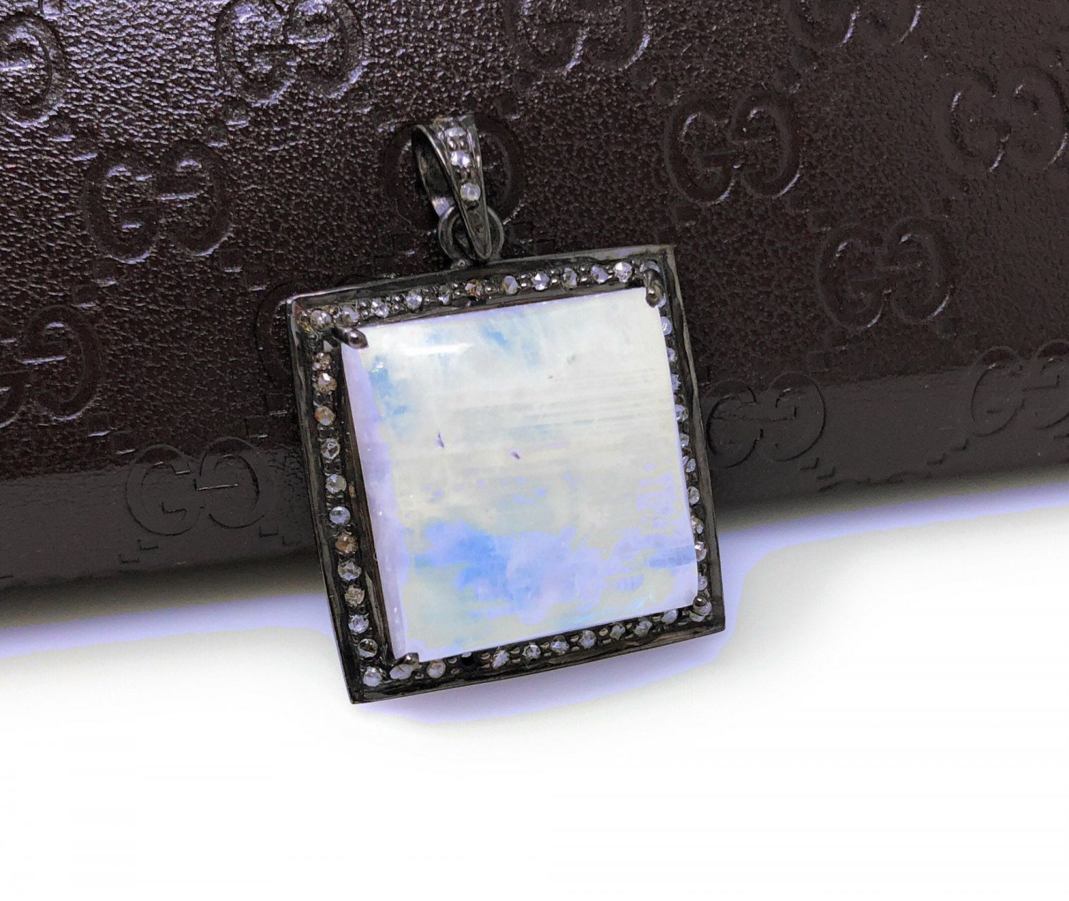 MoonstSilver Pendant Pave Diamond Pendant Oxidized Silver Rainbow Moonstone Pendant Default Title