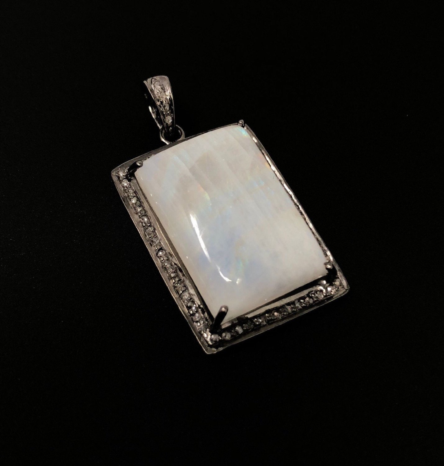 MoonstSilver Pendant Pave Diamond Pendant Oxidized Silver Rainbow Moonstone Pendant Default Title