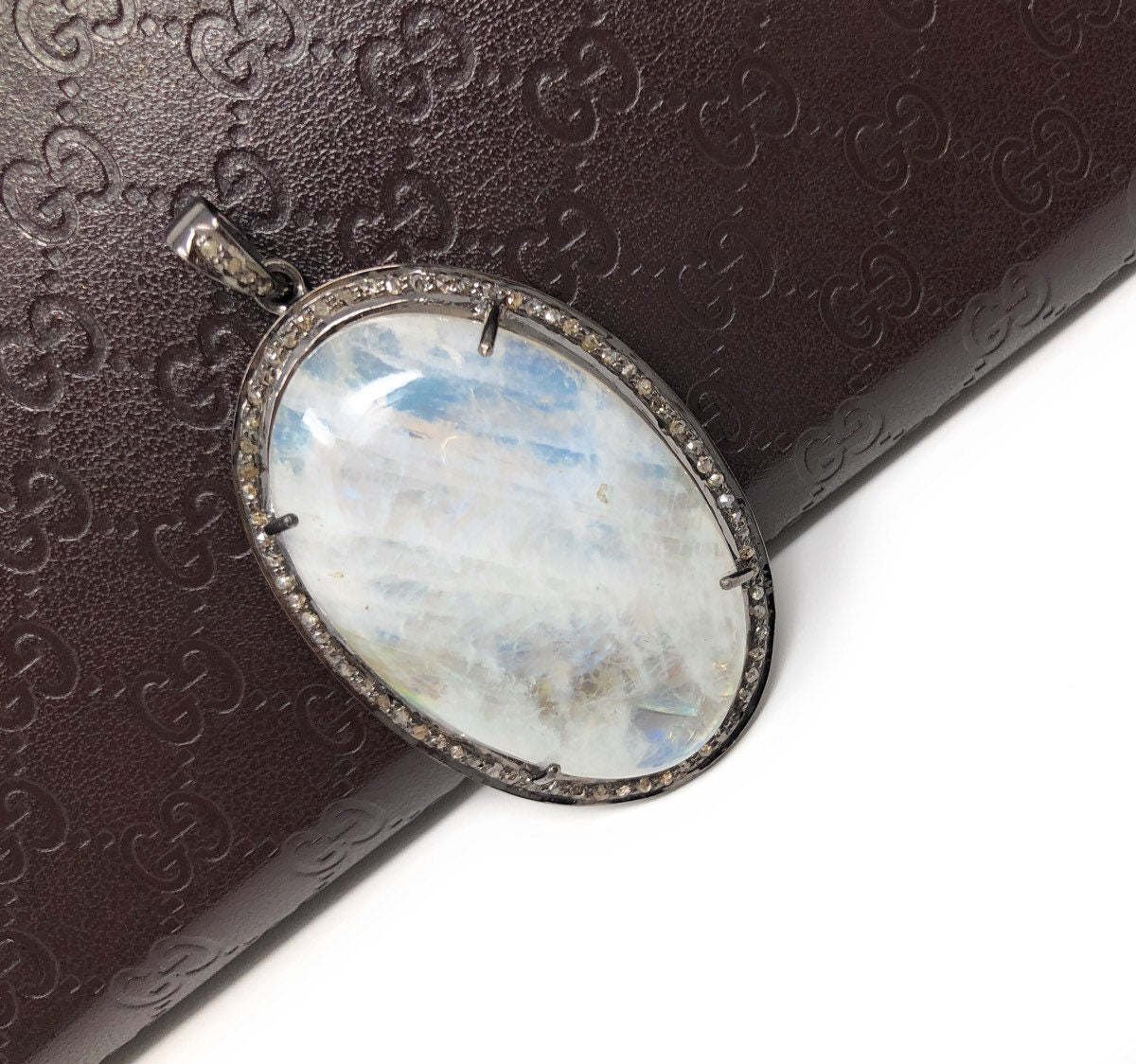 MoonstSilver Pendant Pave Diamond Pendant Oxidized Silver Rainbow Moonstone Pendant Default Title