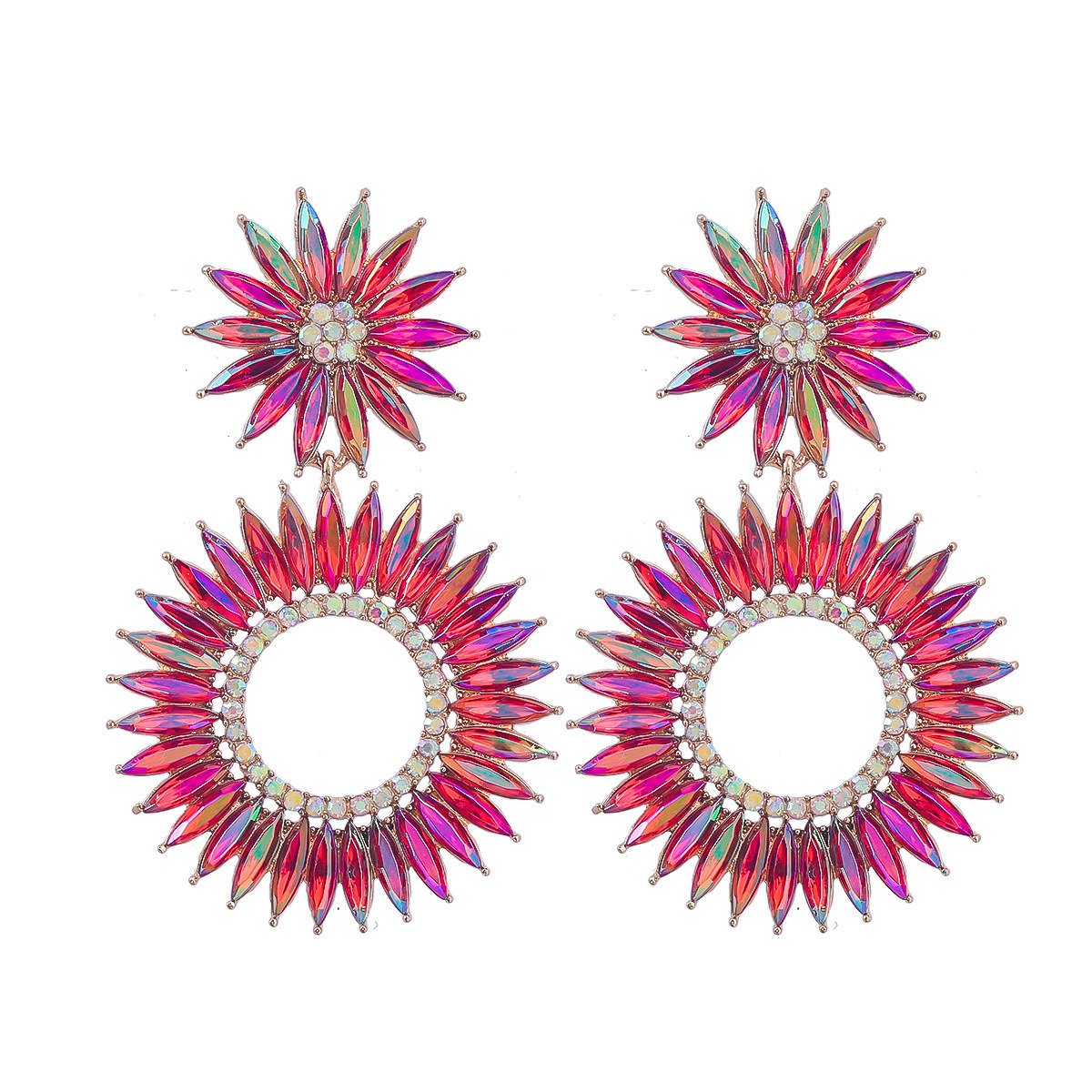 Multilayer Alloy Diamond Rhinestone Floral Earrings red