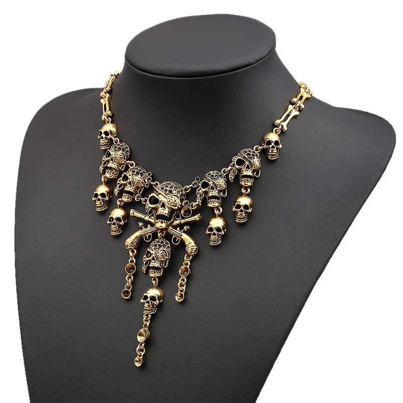 Multilayer Skull and Ghost Head Tassel Alloy Necklace gold