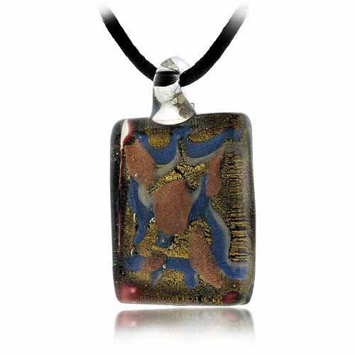 Murano Glass Bronze Color Glitter, Blue, White Mini Brown Rectangle Silk Pendant Necklace N9284