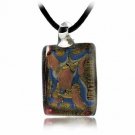 Murano Glass Bronze Color Glitter, Blue, White Mini Brown Rectangle Silk Pendant Necklace N9284