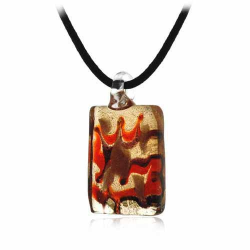 Murano Glass Bronze Color Glitter, Orange, Brown Mini Rectangle Silk Pendant Necklace N9270