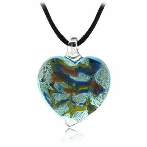 Murano Glass Bronze Gold Color Glitter Blue, Light Green Heart Silk Pendant Necklace N9299
