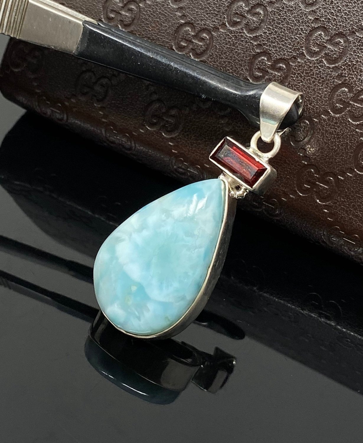 Natural Larimar and Garnet Gemstone Larimar Pendant Garnet Pendant Bohemian Jewelry Default Title