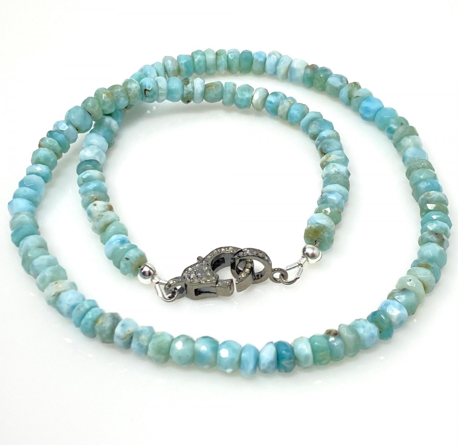 Natural Larimar Necklace with Pave Diamond Gemstone Necklace Bohemian Jewelry Gifts for Her 17.25