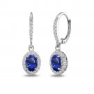 Oval Halo Created Blue Sapphire & White Topaz Dangle Earrings in 925 Silver E15523B2