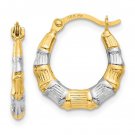Real 14K Two-Tone Gold Women's Bamboo Hoop Earrings Small 14mm