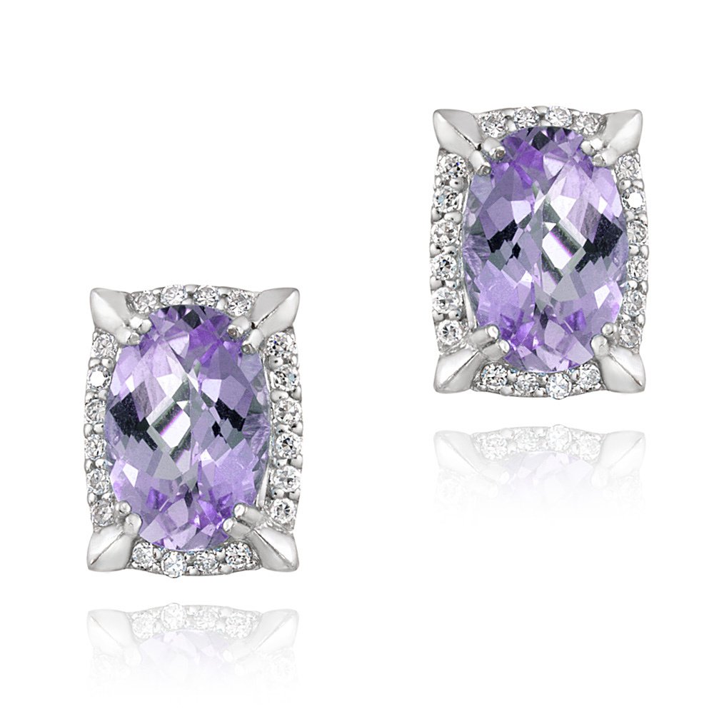Rhodium Plated 6.2ct Amethyst & CZ Oval Earrings EBR12383A