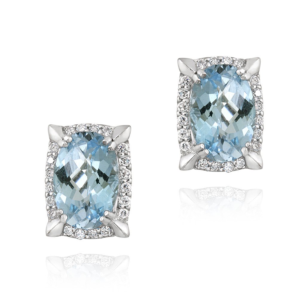 Rhodium Plated 8.8ct Blue Topaz & CZ Oval Earrings EBR12383BT