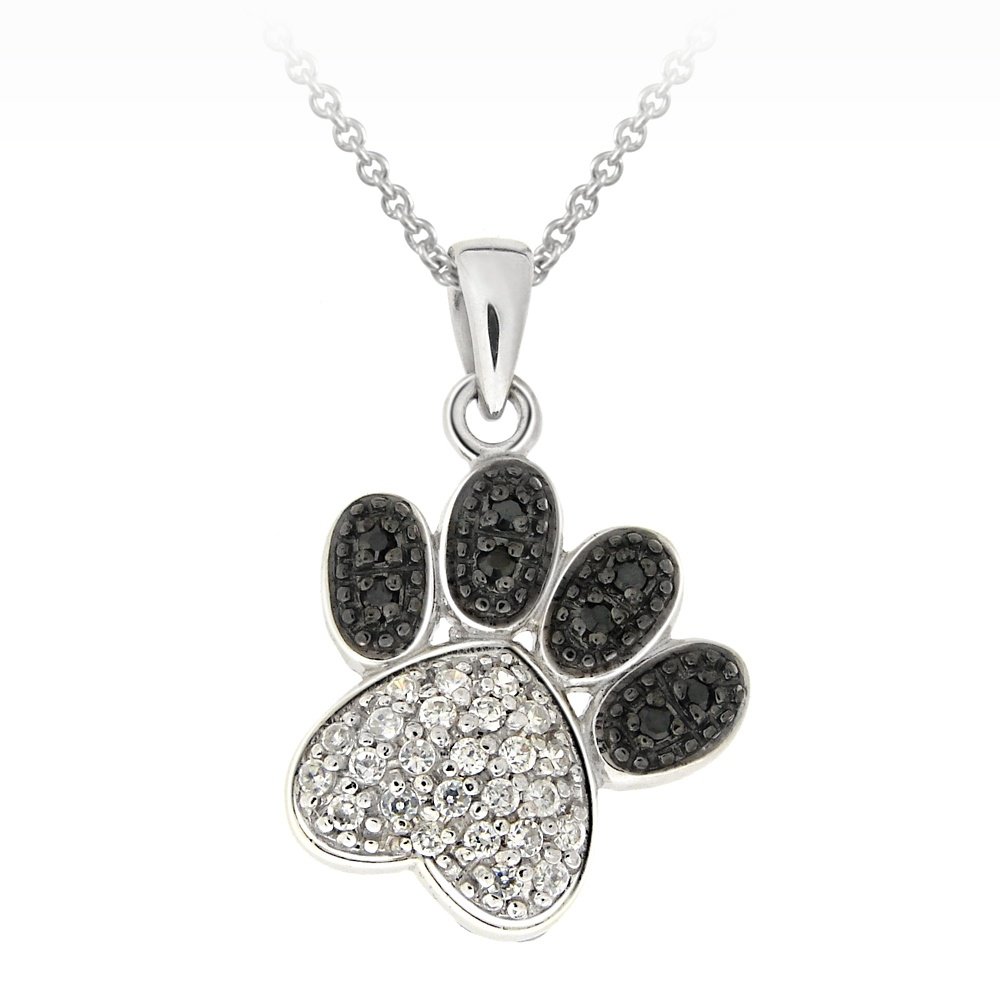 Rhodium Plated Black & White CZ Paw Print Necklace, 18 PBR12249BK