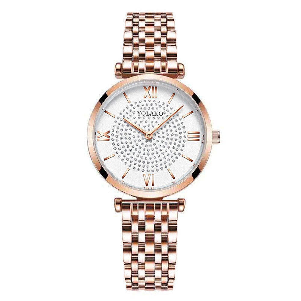 Roman Engraved Diamond-Set Alloy Steel Band Watch silver rose gold