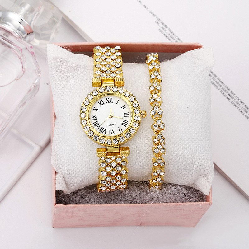 Roman Pattern Diamond Ladies Watch Bracelet Set Silver Watch + Bracelet + Box