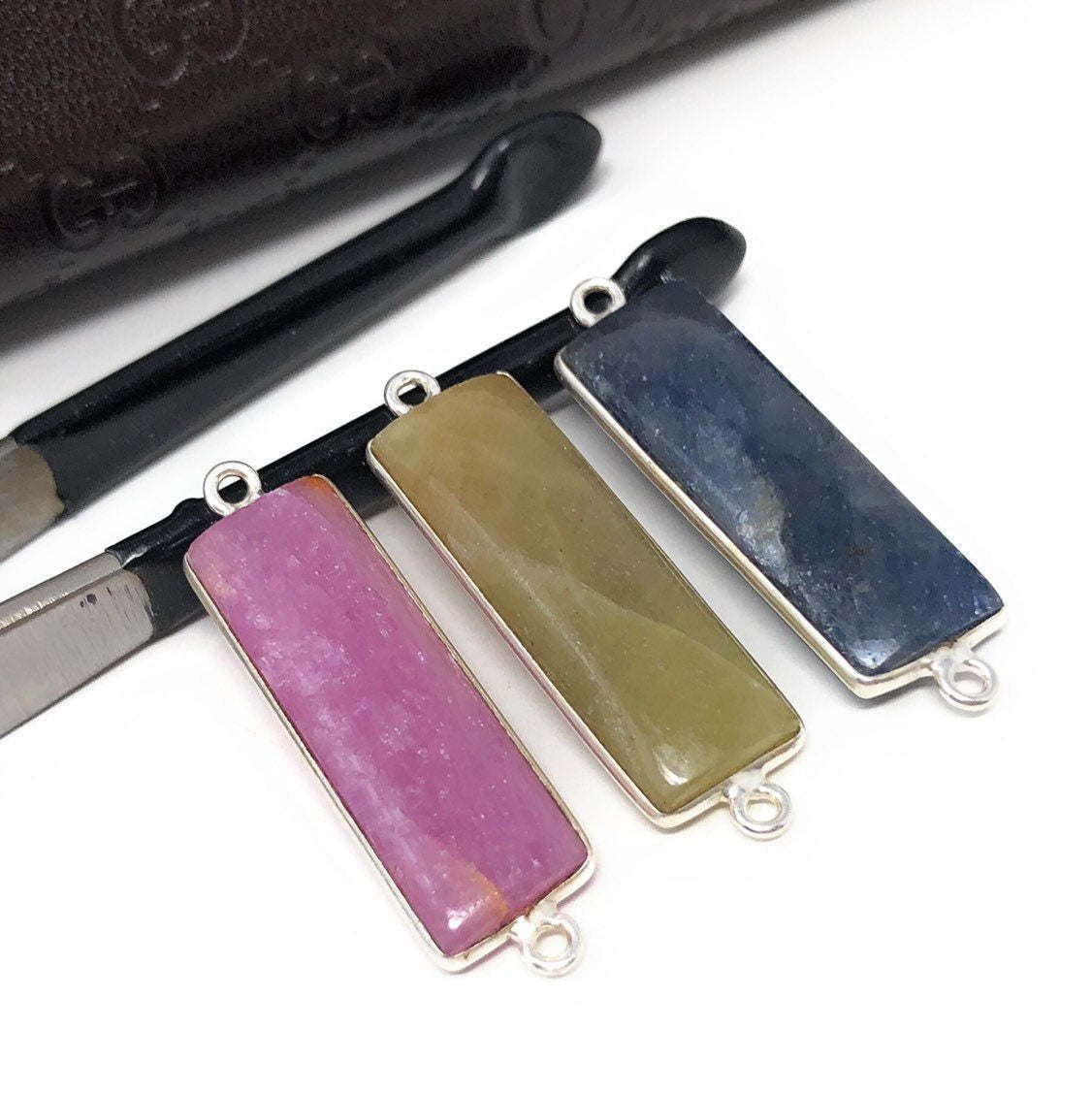 Silver Gemstone Bar Connectors; Natural Sapphire BriolettJewelry Findings 36.5mmX10mm 1 Pc Yellow