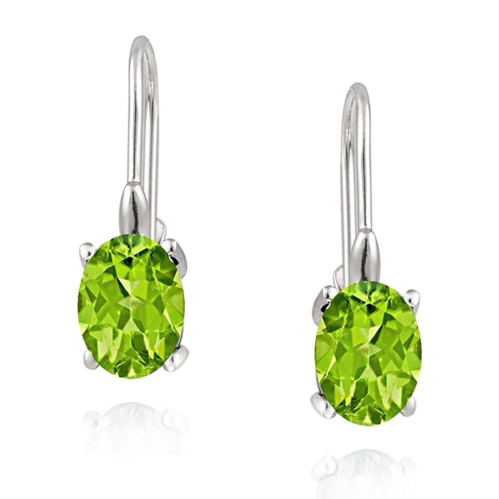 Silver Genuine Peridot Stone Oval Prong Set LeverBack Lever Back Earrings E377