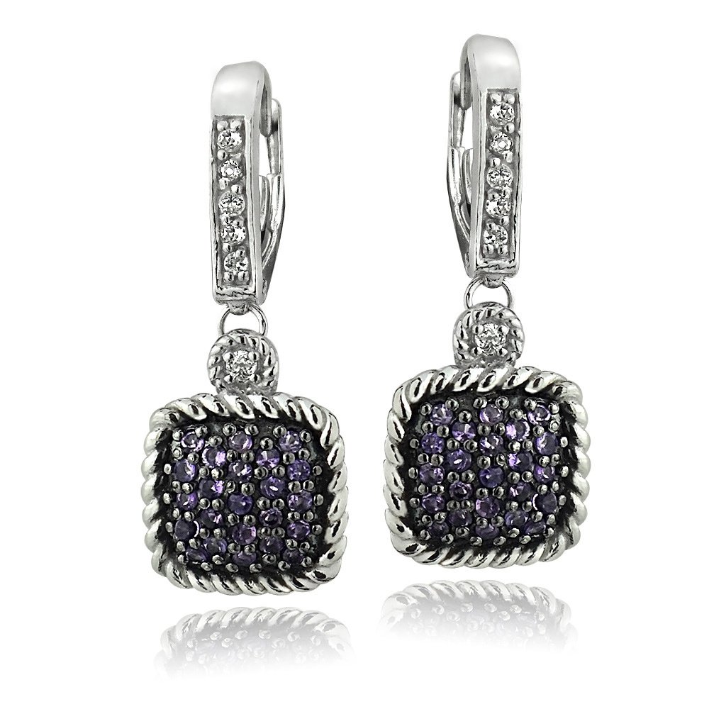 Silver Tone 1.2ct Amethyst & White Topaz Square Rope Leverback Earrings EBR13830A