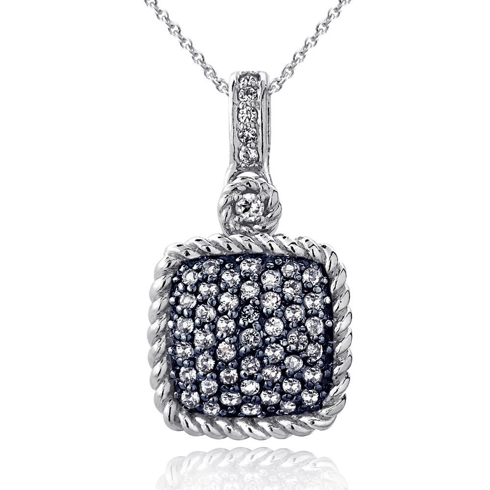 Silver Tone 1.55ct Blue & White Topaz Square Rope Pendant Necklace PBR13830BT