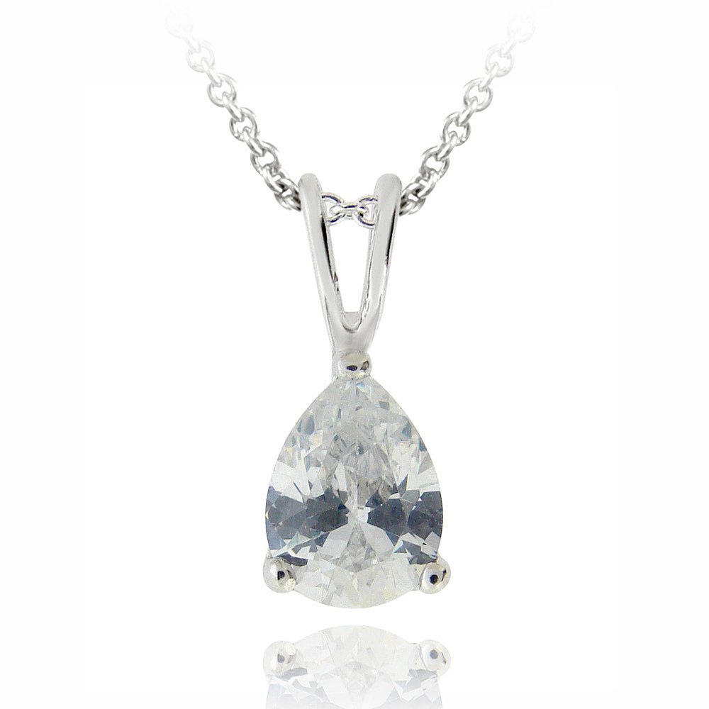 Silver Tone 1ct CZ Teardrop Solitaire Necklace, 8x6mm PBR12637