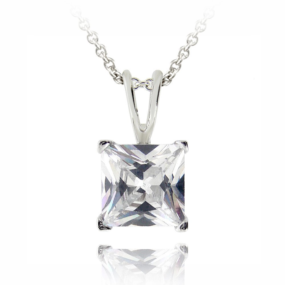 Silver Tone 2ct CZ Square Solitaire Necklace, 7mm PBR12634