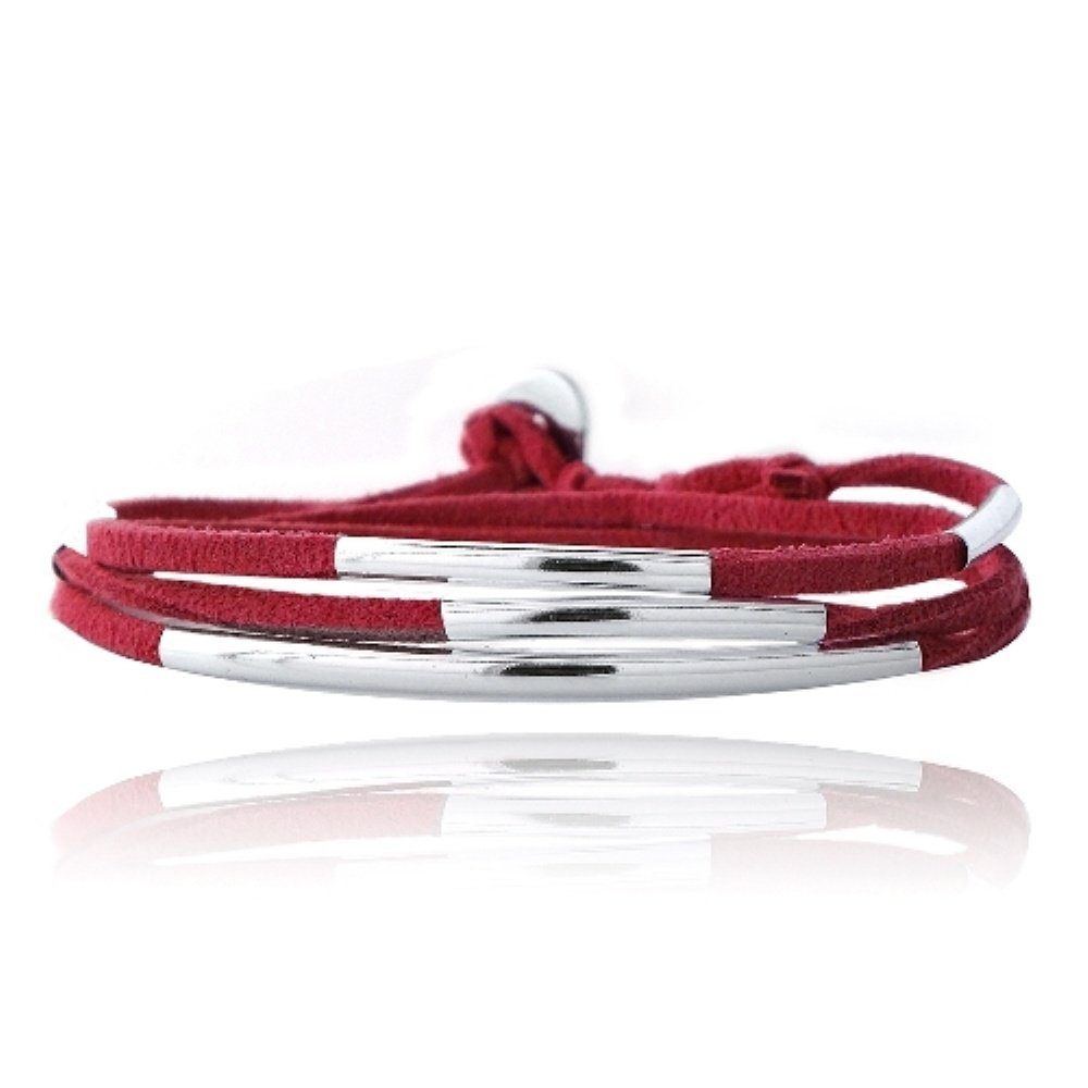Silver Tone Bar & Red Suede Triple Wrap Bracelet BBR13575R